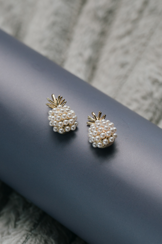 Pearl Pineapple Stud Earrings – Tropical Chic-Chic pineapple earrings featuring pearl clusters and a golden crown — perfect for playful elegance