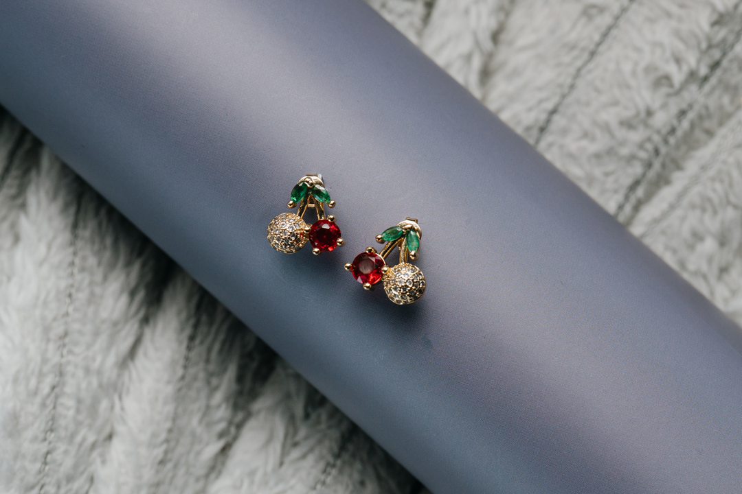 Luxury Cherry Crystal Stud Earrings – Sparkling Red Gem & Pave Gold Fruit Earrings for Women,