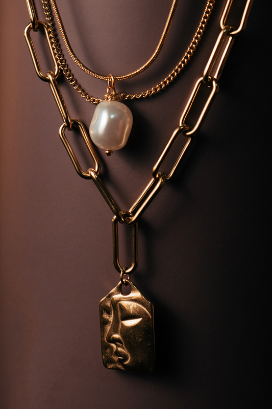 Layered Gold Chunky Chain Necklace with Abstract Face Pendant & Pearl Detail – Statement Boho Jewelry for Women.