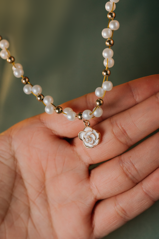 Rose Charm Pearl Necklace – Dainty Beaded Pearl with Gold Accents for Women,