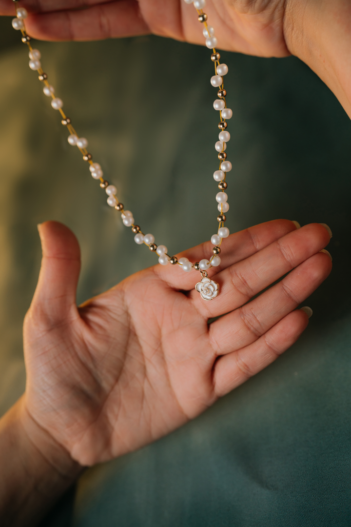 Rose Charm Pearl Necklace – Dainty Beaded Pearl with Gold Accents for Women,