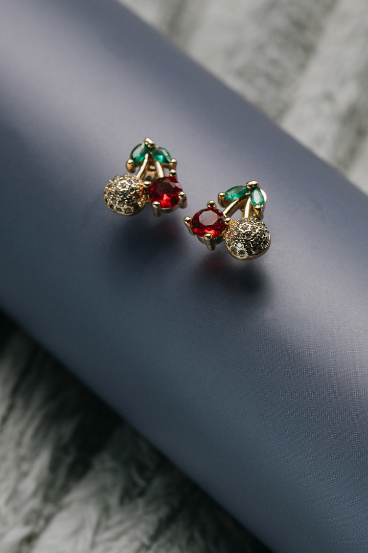 Luxury Cherry Crystal Stud Earrings – Sparkling Red Gem & Pave Gold Fruit Earrings for Women,