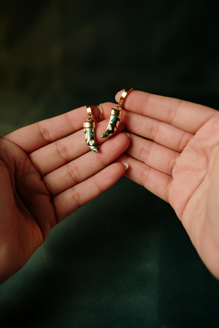 Boho Tribal Enamel Horn Dangle Earrings – Gold Plated Lucky Tusk Charm Earrings for Men & Women