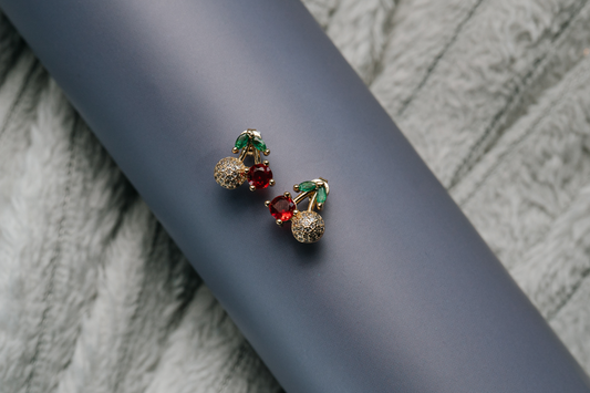 Luxury Cherry Crystal Stud Earrings – Sparkling Red Gem & Pave Gold Fruit Earrings for Women,