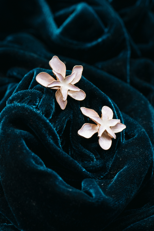 Elegant Mother of Pearl Flower Stud Earrings – Gold Trimmed Floral Statement Jewelry,