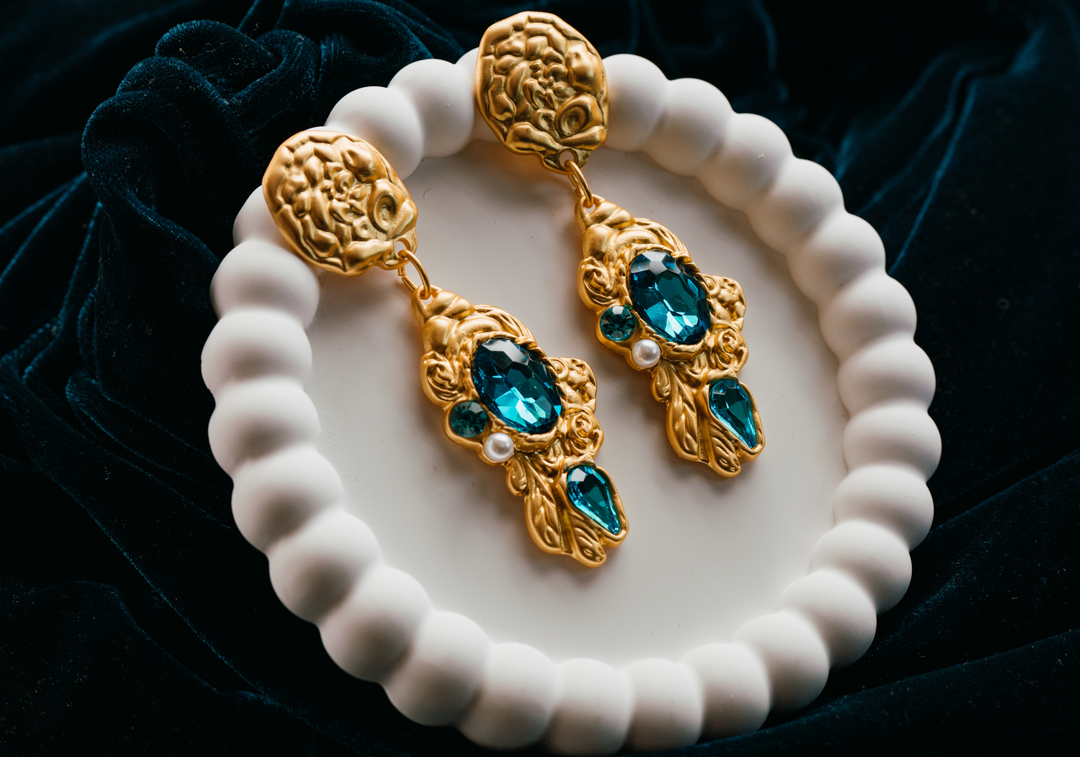 Baroque-Inspired Gold Drop Earrings with Teal Crystal & Pearl Accents – Vintage Statement Jewelry,