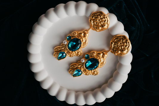 Baroque-Inspired Gold Drop Earrings with Teal Crystal & Pearl Accents – Vintage Statement Jewelry,