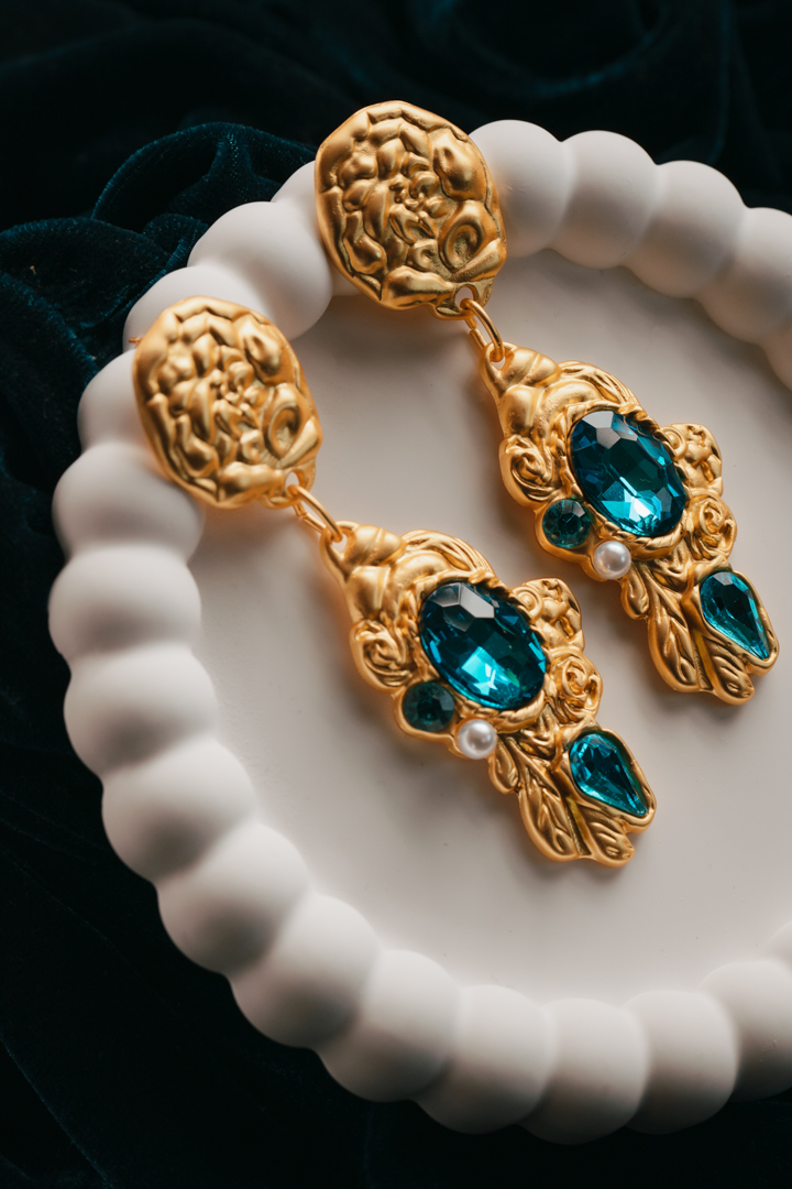 Baroque-Inspired Gold Drop Earrings with Teal Crystal & Pearl Accents – Vintage Statement Jewelry,