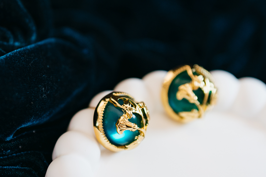 Vintage Floral Stud Earrings – Gold Botanical Round Earrings with Green Enamel Accent