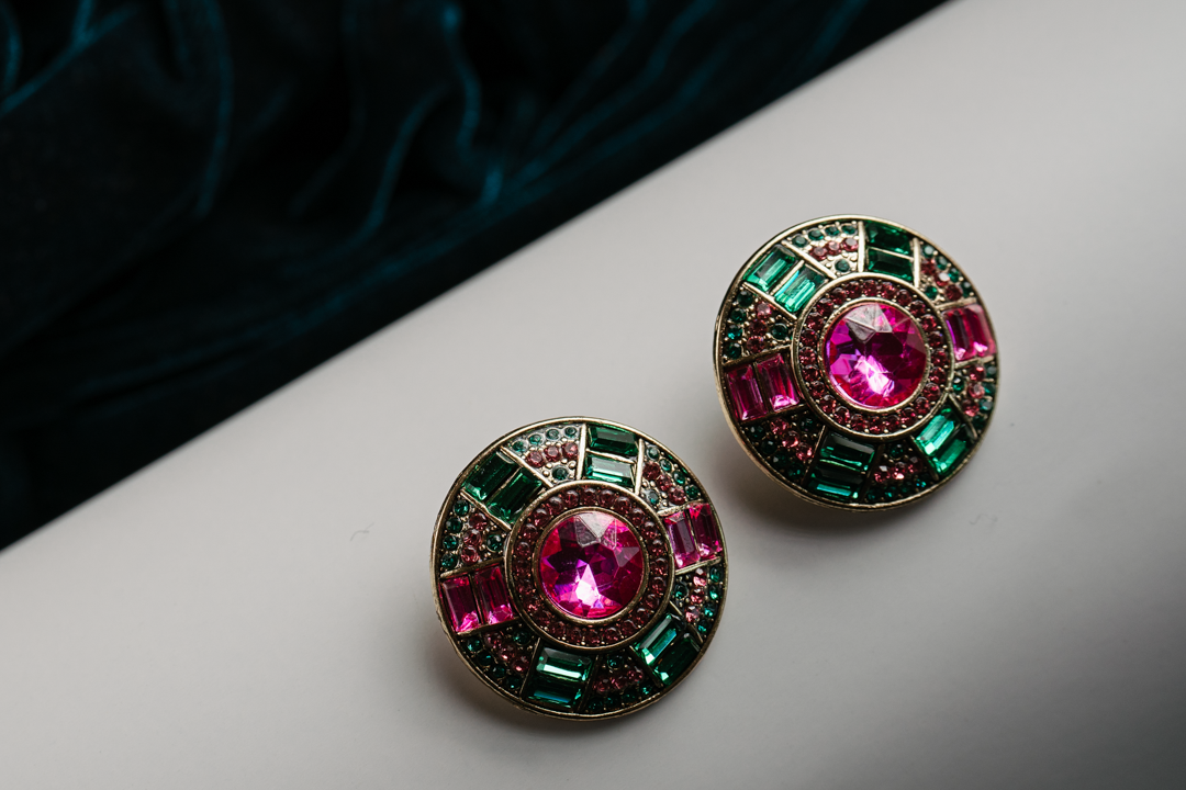 Vintage Round Statement Stud Earrings – Pink & Green Crystal Dome Jewelry for Women