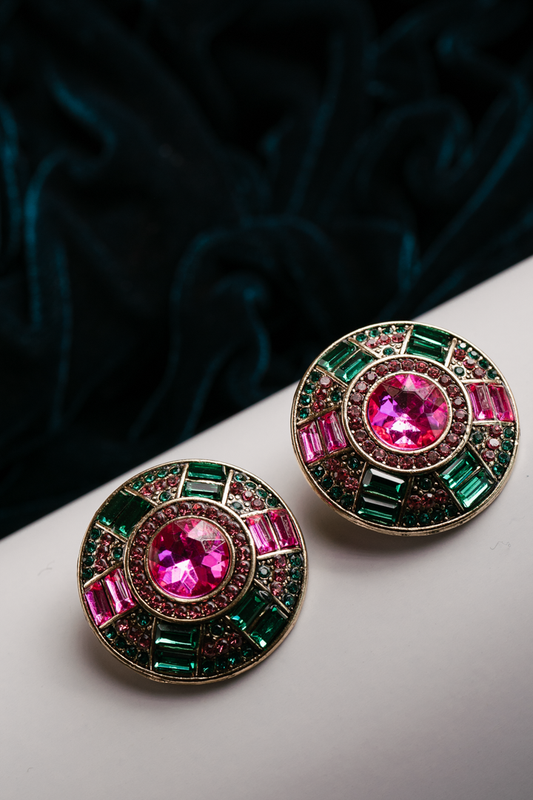 Vintage Round Statement Stud Earrings – Pink & Green Crystal Dome Jewelry for Women