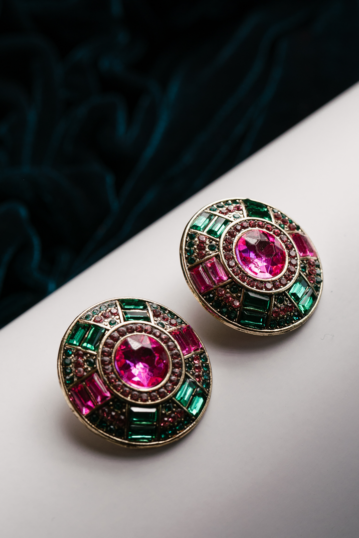 Vintage Round Statement Stud Earrings – Pink & Green Crystal Dome Jewelry for Women