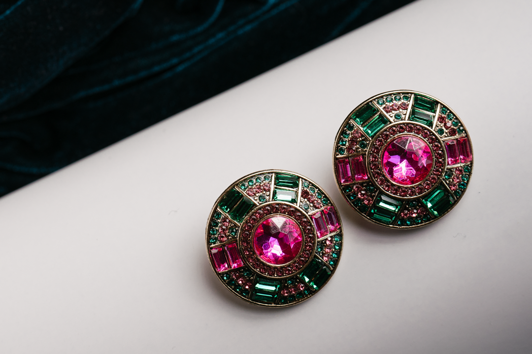 Vintage Round Statement Stud Earrings – Pink & Green Crystal Dome Jewelry for Women