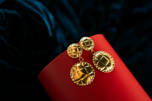 Vintage Gold-Plated Dome Drop Earrings – Textured Statement Studs for Women