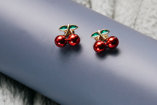 Cherry Stud Earrings – Cute Red Fruit Earrings with Green Leaf Detail for Women & Girls,