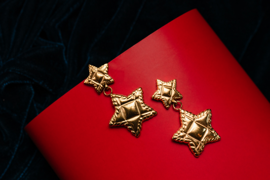 Gold Textured Star Drop Earrings – Statement Dangle Studs for Women.