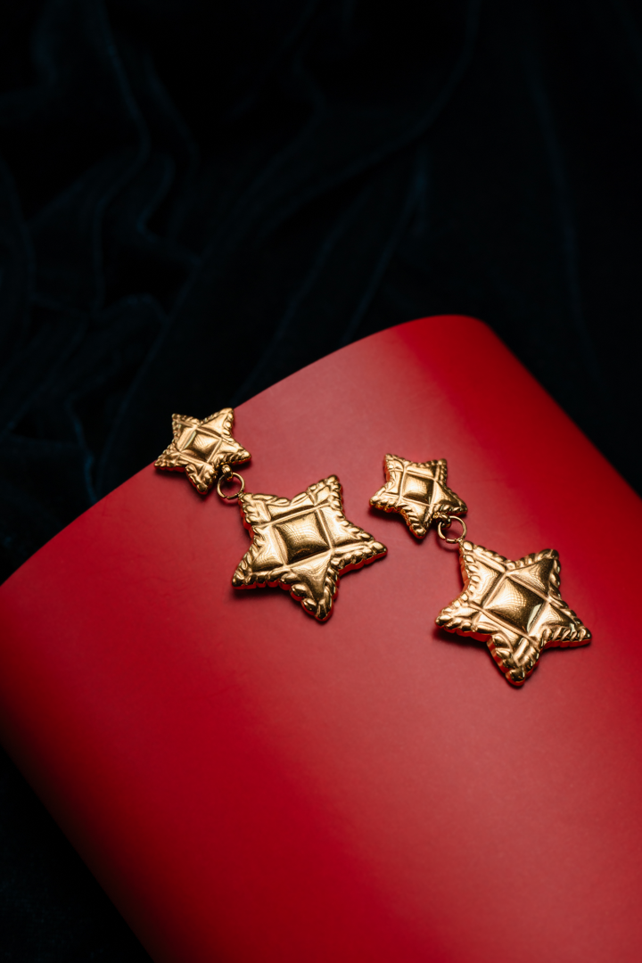 Gold Textured Star Drop Earrings – Statement Dangle Studs for Women.
