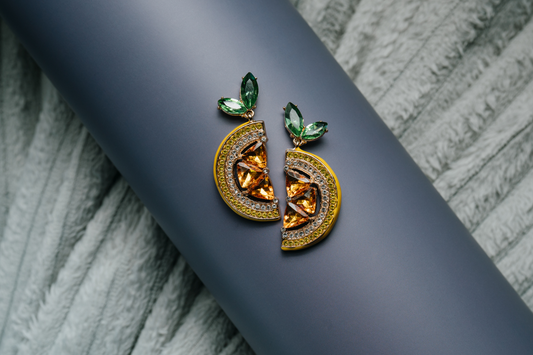 Stone Studded Citrus Slice Statement Earrings – Colorful Crystal Fruit-Inspired Jewelry for Women