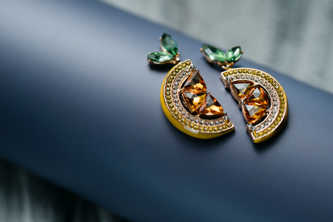 Stone Studded Citrus Slice Statement Earrings – Colorful Crystal Fruit-Inspired Jewelry for Women