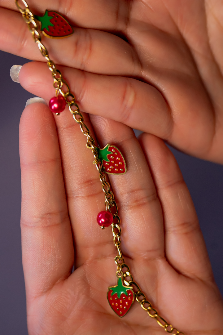 Cute Strawberry Charm Bracelet – Gold Chain Fruit Charm Jewelry for Women & Teens