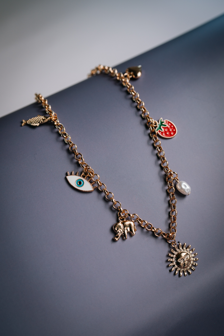 Gold Charm Necklace with Strawberry, Evil Eye & Sun Pendants – Trendy Boho Jewelry for Women;