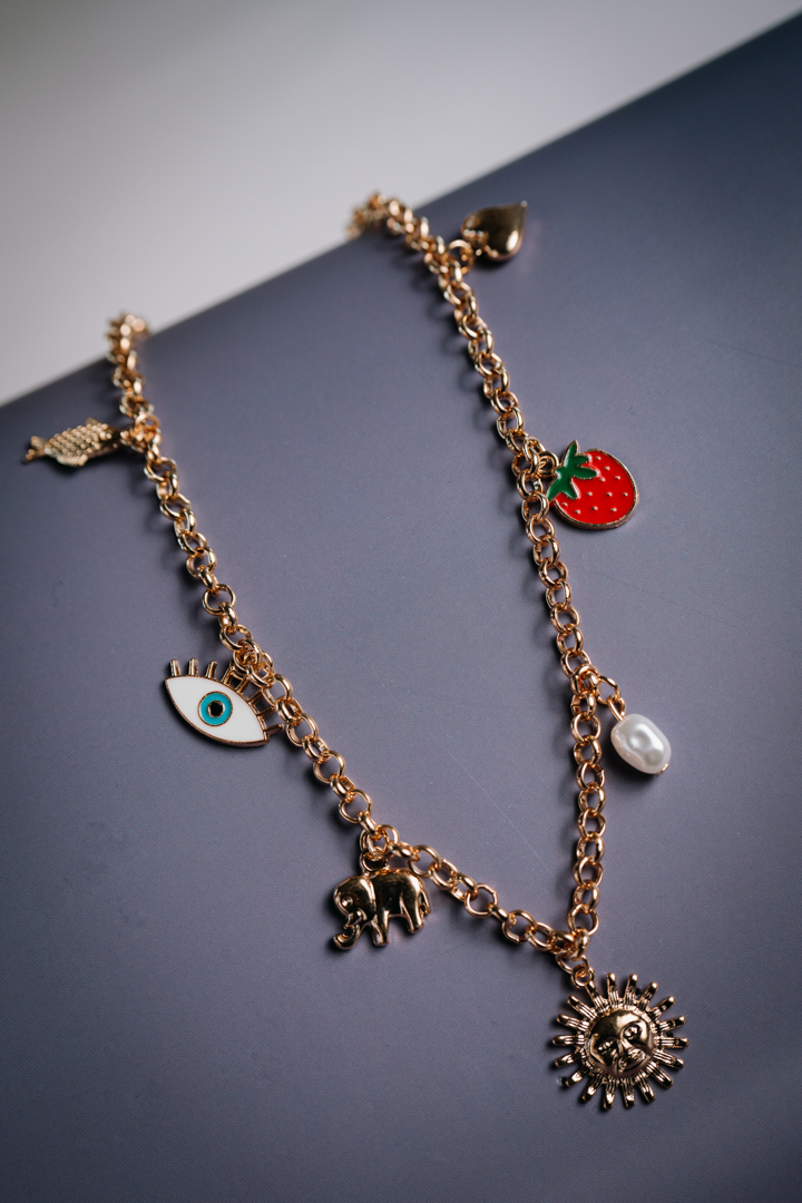 Gold Charm Necklace with Strawberry, Evil Eye & Sun Pendants – Trendy Boho Jewelry for Women;
