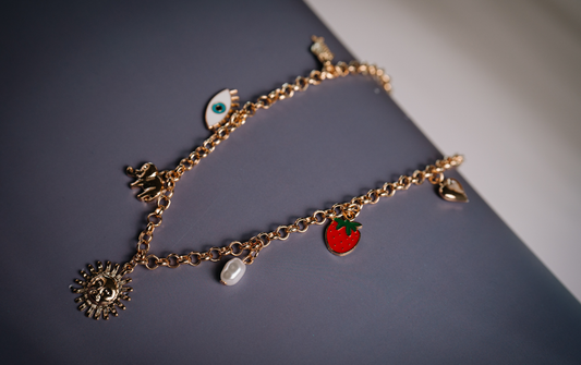 Gold Charm Necklace with Strawberry, Evil Eye & Sun Pendants – Trendy Boho Jewelry for Women;