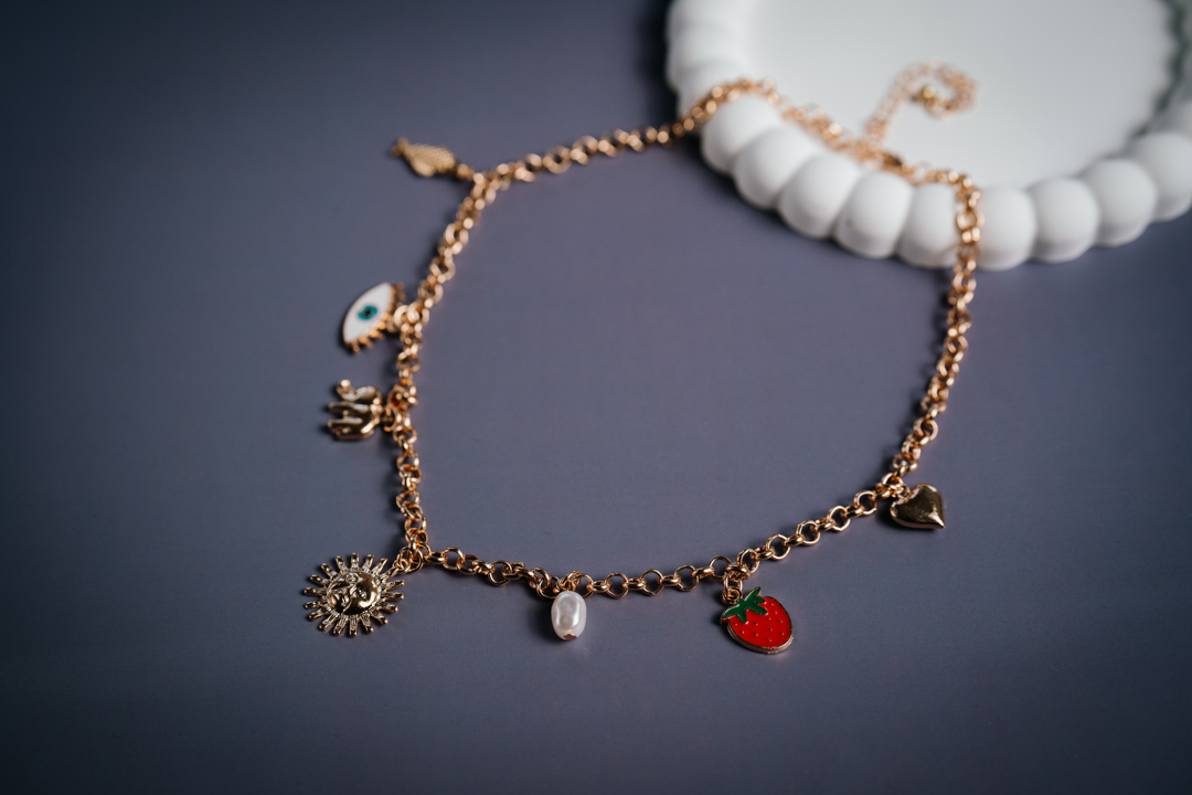Gold Charm Necklace with Strawberry, Evil Eye & Sun Pendants – Trendy Boho Jewelry for Women;