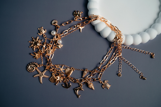 Gold Layered Beach Charm Necklace – 3-Layer Sea-Inspired Pendant Jewelry for Women