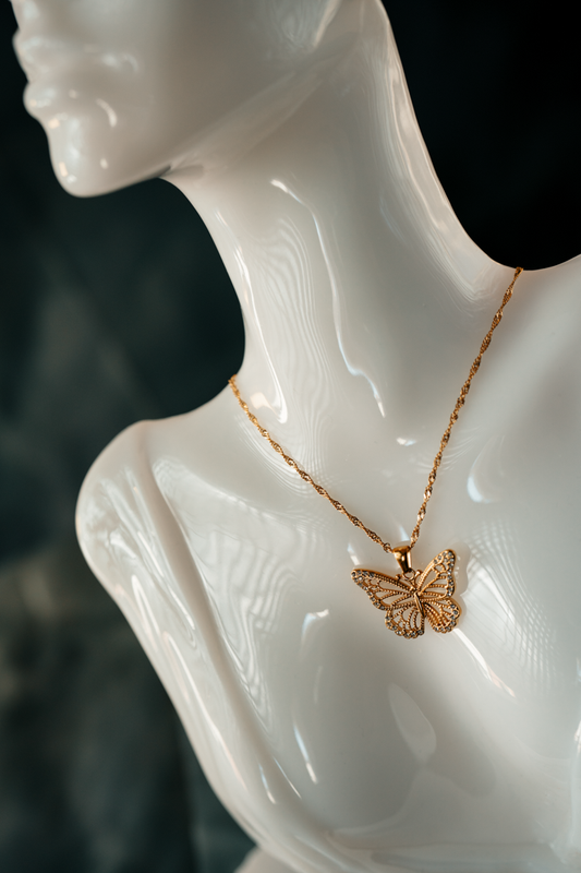 Gold-Plated Butterfly Pendant Necklace – Dainty Crystal-Studded Insect Charm for Women.