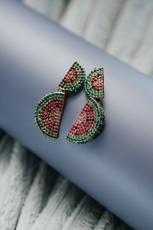 Vibrant watermelon-inspired earrings with multicolor crystals, perfect for summer style and festive flair