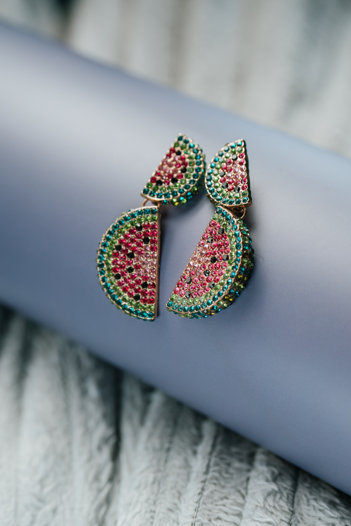 Vibrant watermelon-inspired earrings with multicolor crystals, perfect for summer style and festive flair