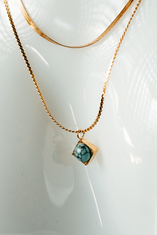 Dual Layer Gold Necklace with Turquoise Stone Pendant – Elegant Boho Statement Jewelry for Women.