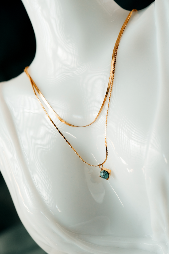 Dual Layer Gold Necklace with Turquoise Stone Pendant – Elegant Boho Statement Jewelry for Women.