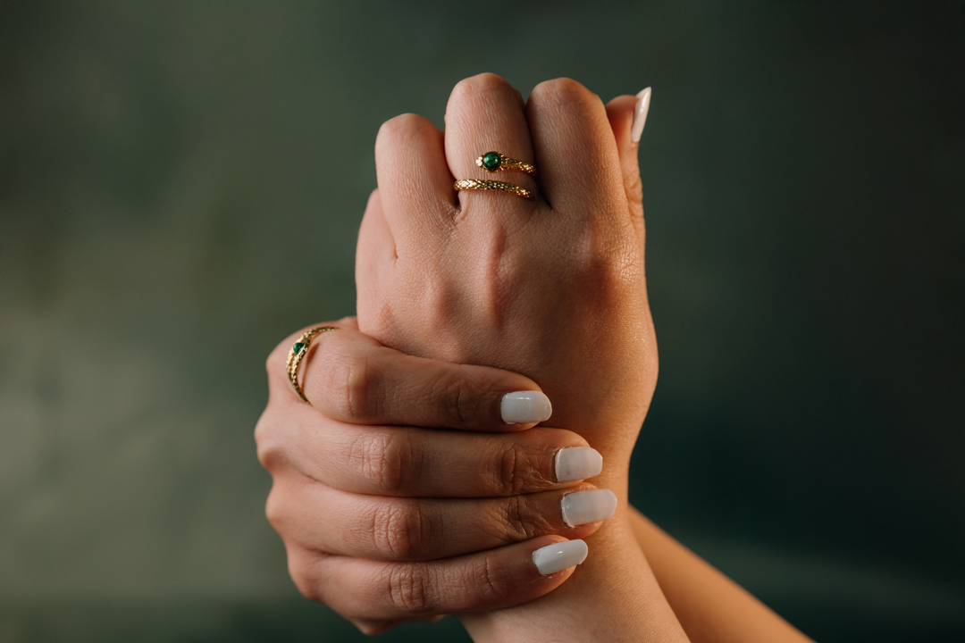 Gold Snake Ring with Green Gemstone – Adjustable Serpent Design for Women