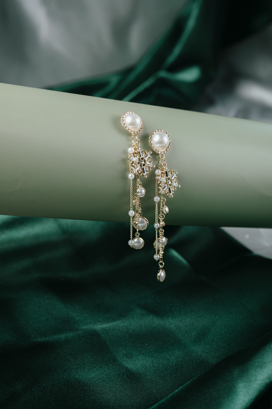 Snowflake Pearl Drop Earrings – Gold Dangle Earrings with Crystals & Chains for Women