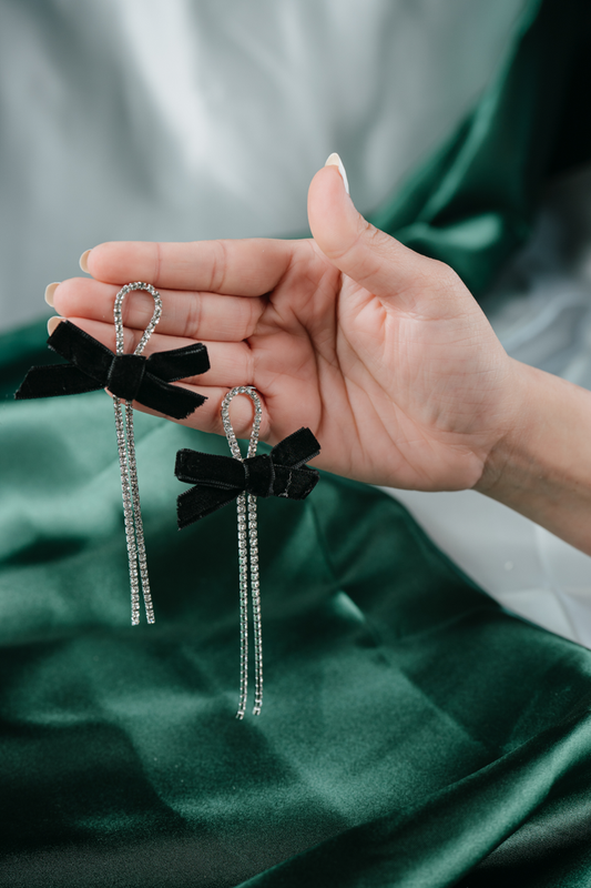 Velvet Bow Rhinestone Drop Earrings – Elegant Black Ribbon Dangle Earrings for Women