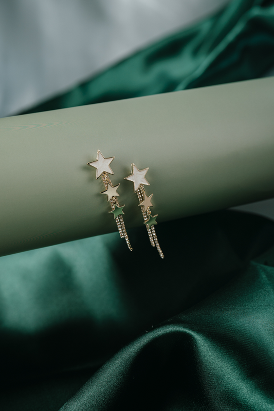 Gold Star Drop Earrings – Celestial Dangle Earrings with Crystals for Women