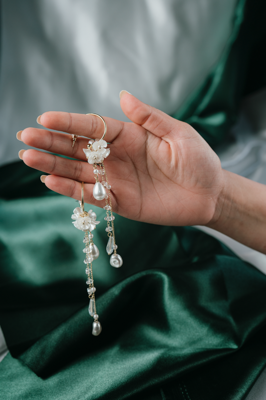 Floral Pearl Drop Earrings – Handmade Long Dangle Earrings with Crystal Beads for Women