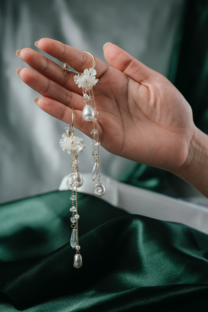 Floral Pearl Drop Earrings – Handmade Long Dangle Earrings with Crystal Beads for Women