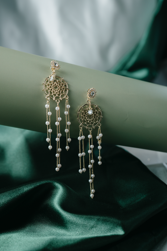 Gold Dreamcatcher Pearl Earrings – Boho Long Dangle Earrings with Crystal & Chain Fringe.
