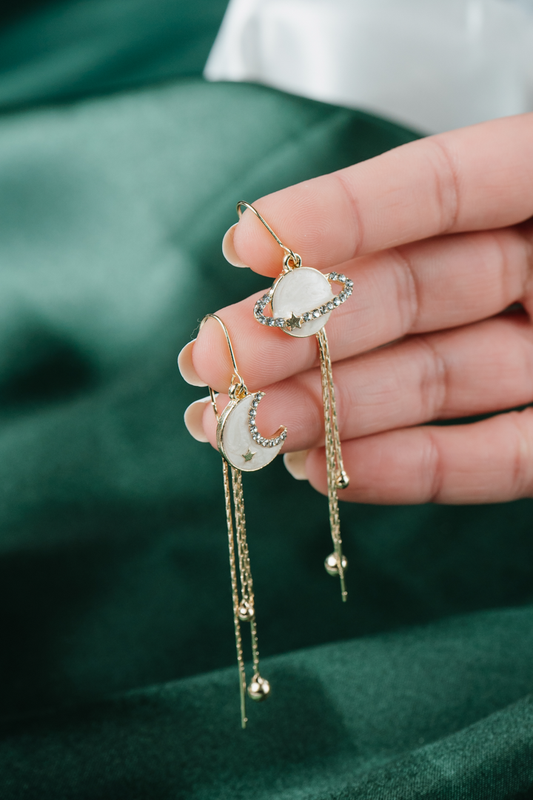 Moon & Planet Drop Earrings – Gold Celestial Dangle Earrings with Chains and Crystals,