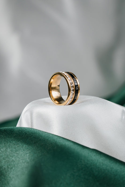 Women's Roman Numeral Spinner Ring – Gold Black Stainless Steel Band with Crystal Accents,