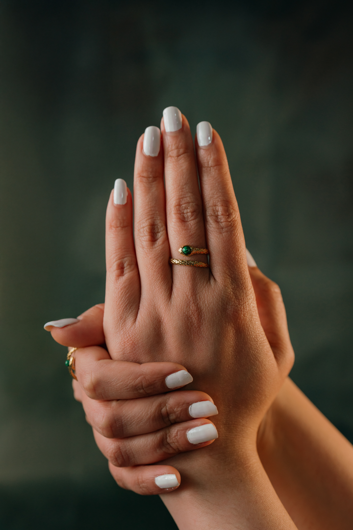 Gold Snake Ring with Green Gemstone – Adjustable Serpent Design for Women