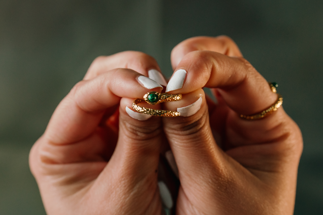 Gold Snake Ring with Green Gemstone – Adjustable Serpent Design for Women