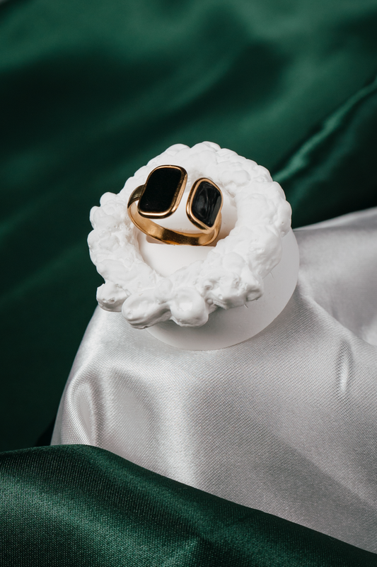 Gold Open Cuff Ring with Black Enamel – Modern Minimalist Adjustable Statement Ring,