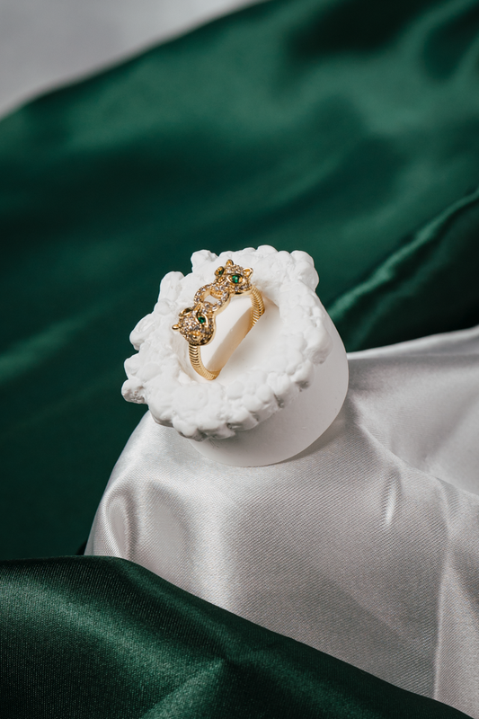 Twin Leopard Head Gold Ring – Green Eyes & Crystal Detail, Adjustable Animal Statement Ring for Women,