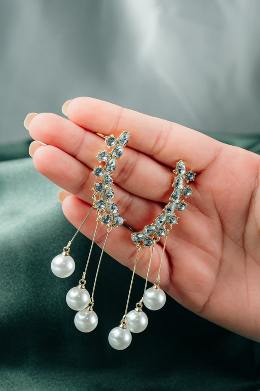 Luxury Pearl & Crystal Dangle Earrings – Gold-Tone Long Drop Earrings for Women