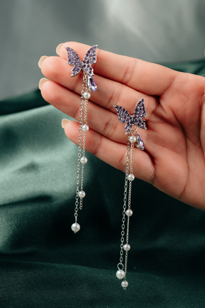 Purple Butterfly Pearl Drop Earrings – Sparkling Crystal Dangle Earrings with Silver Chains