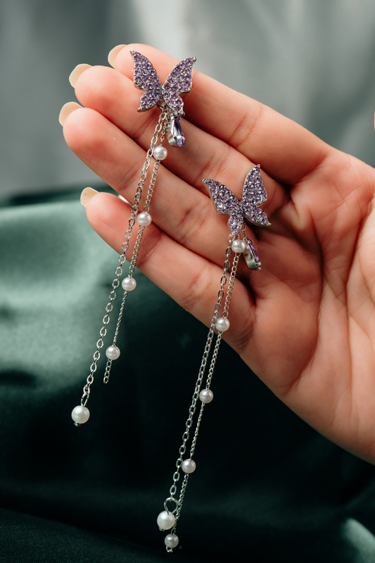 Purple Butterfly Pearl Drop Earrings – Sparkling Crystal Dangle Earrings with Silver Chains